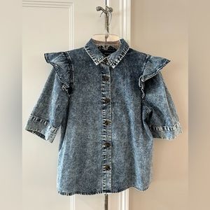 Who What Wear Denim Short Sleeve Ruffle Top -XS